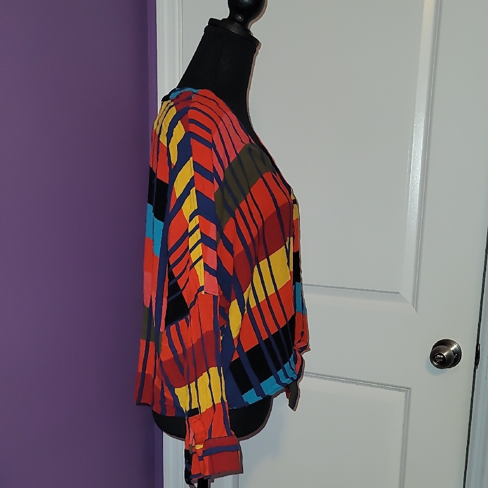 Express Multicolor Striped Button Down Crop Style… - image 3